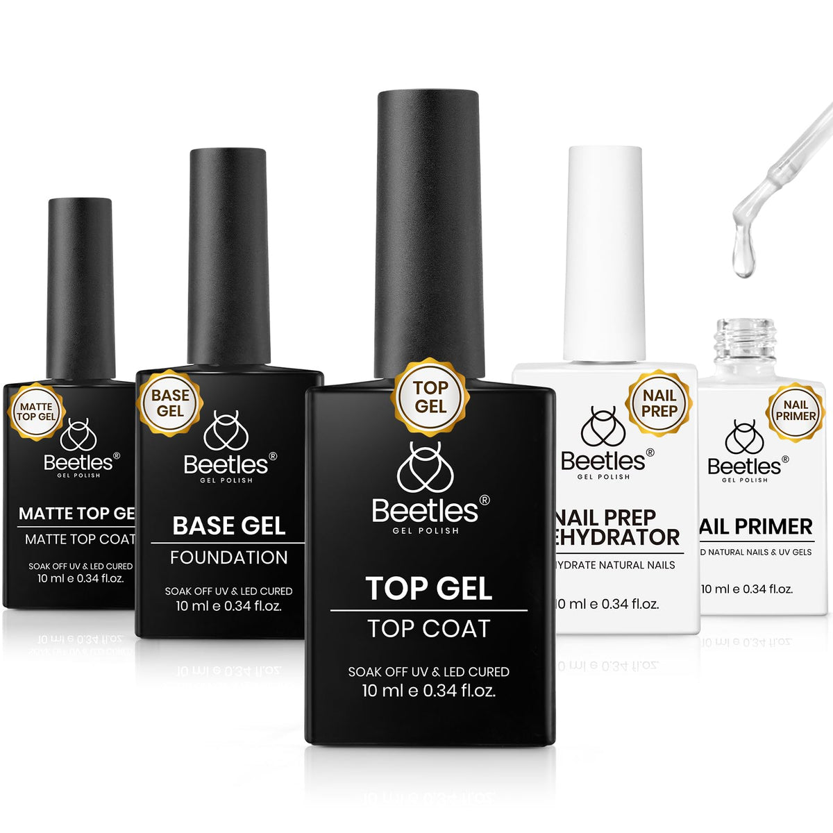 Beetles Gel Polish: capa superior y base para acabado duradero con brillo y mate.