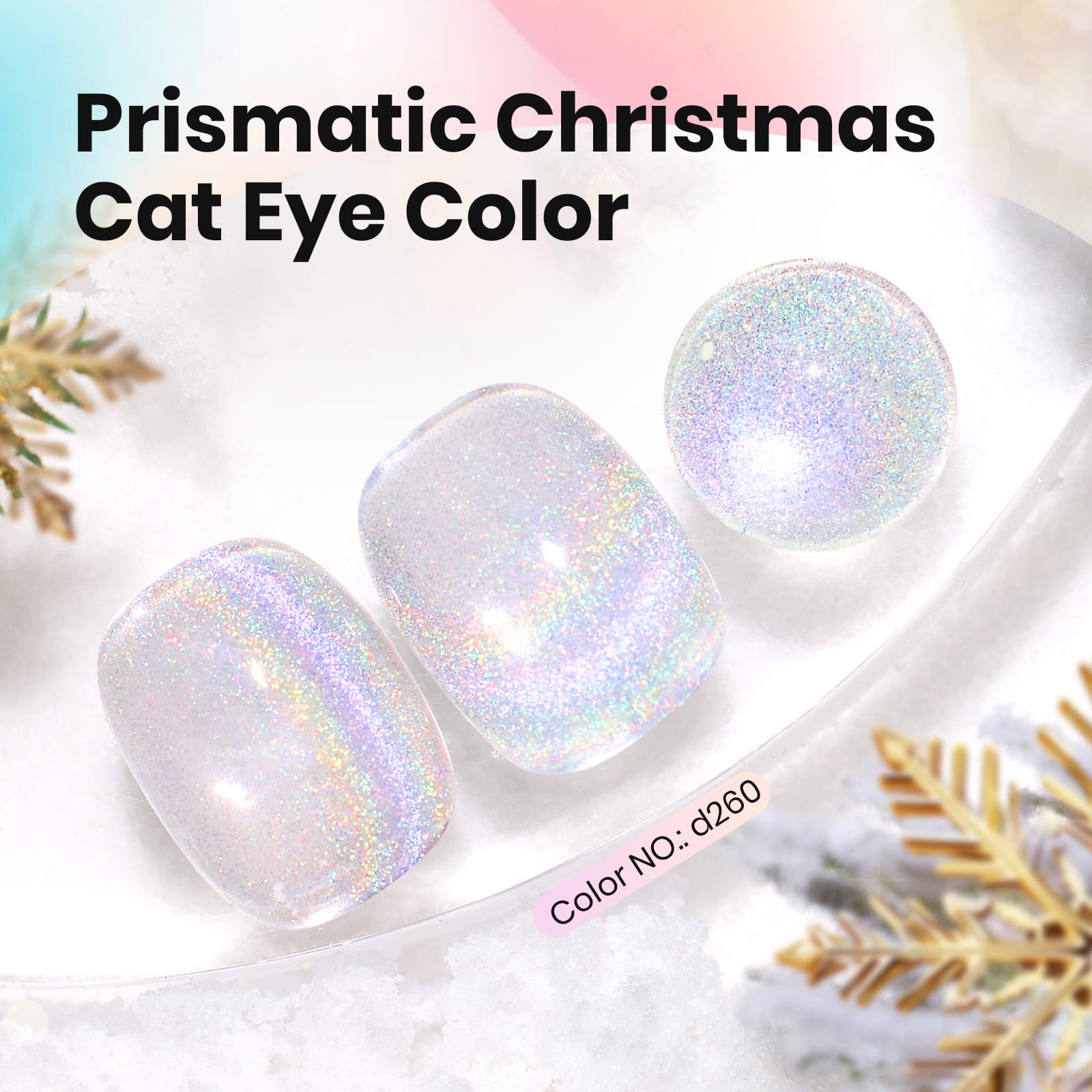 Beetles Cat Eye Prismatic con efecto arcoíris en uñas para look festivo.