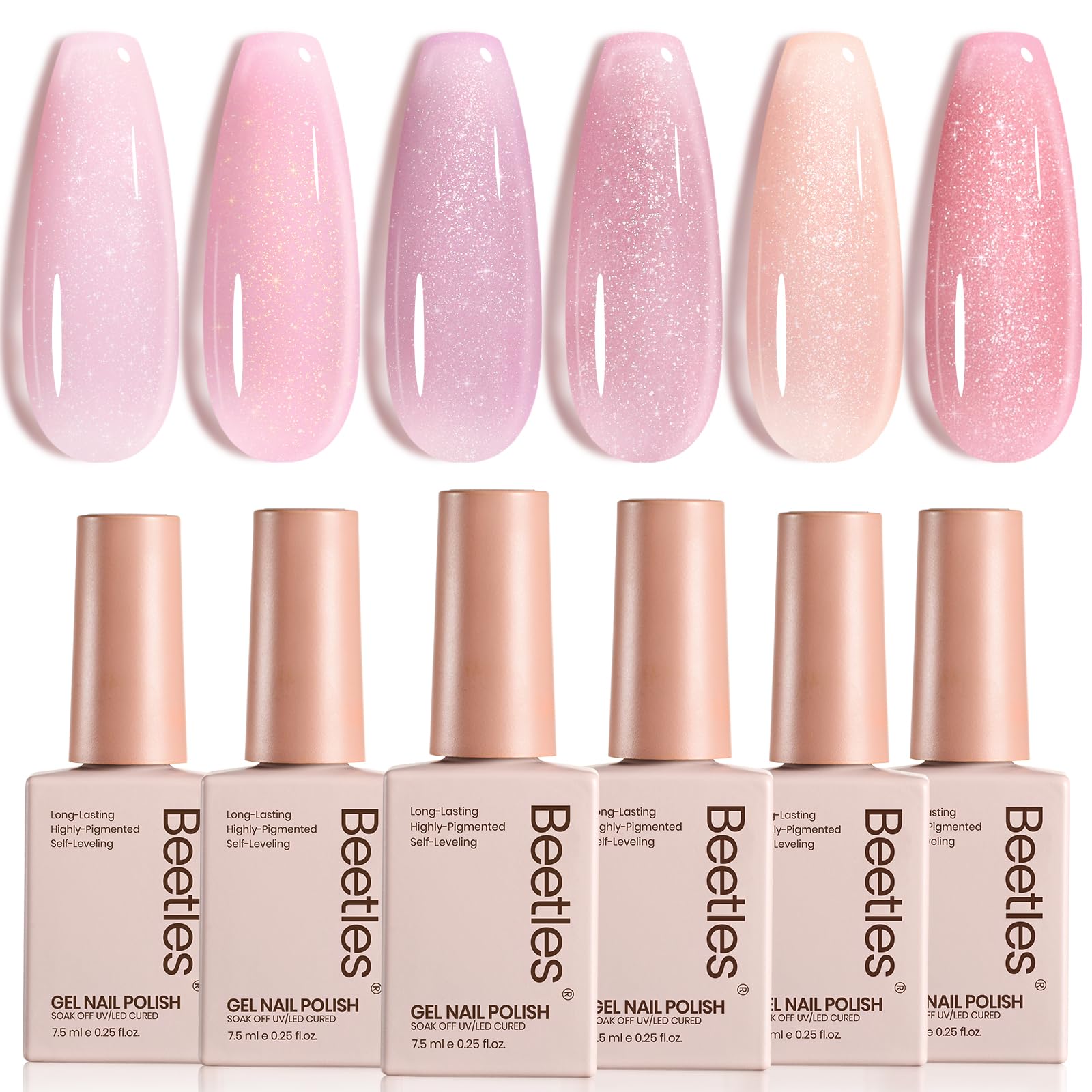 Beetles Conjunto de esmaltes gel rosa brillo para uñas, listo para estilos brillantes.