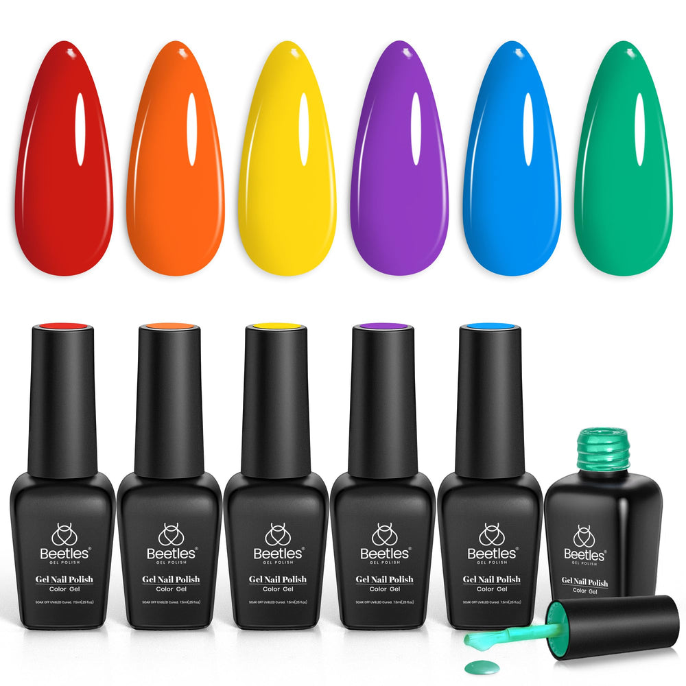 Beetles Esmalte en gel arcoíris, set de 6 colores para uñas brillantes.