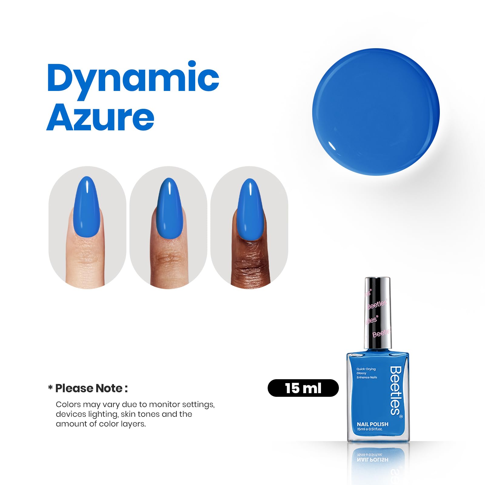 Beetles Esmalte en Gel Azul, acabado de alto brillo que destaca.