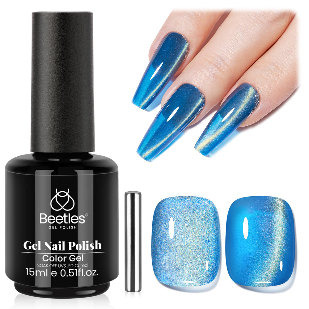 Beetles esmalte en gel azul ojo de gato en botella, manicura duradera.