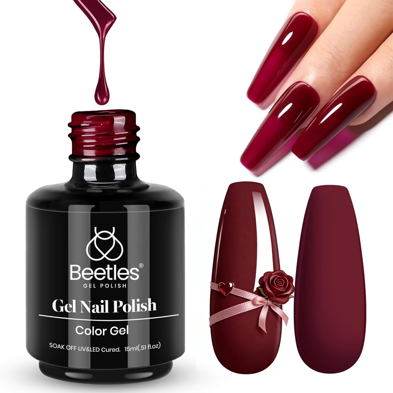 Beetles Esmalte en Gel Rojo Vino Profundo en botella de 15 ml para manicuras duraderas