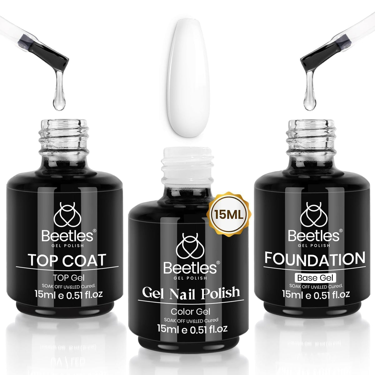 Beetles gel blanco 15ml en botella para acabado suave y uniforme.