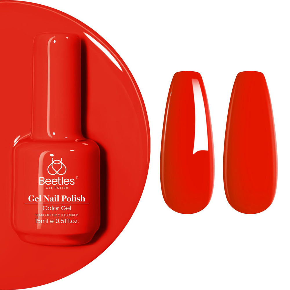 Beetles Esmalte gel rojo-naranja 15ml en uñas con color vibrante y duradero.