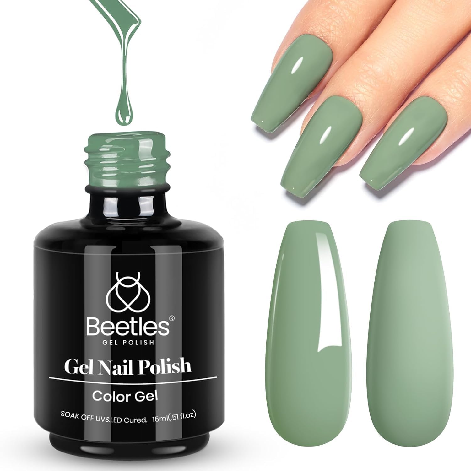 Beetles Esmalte Gel Verde Invierno, botella 15 ml con acabado duradero para uñas.