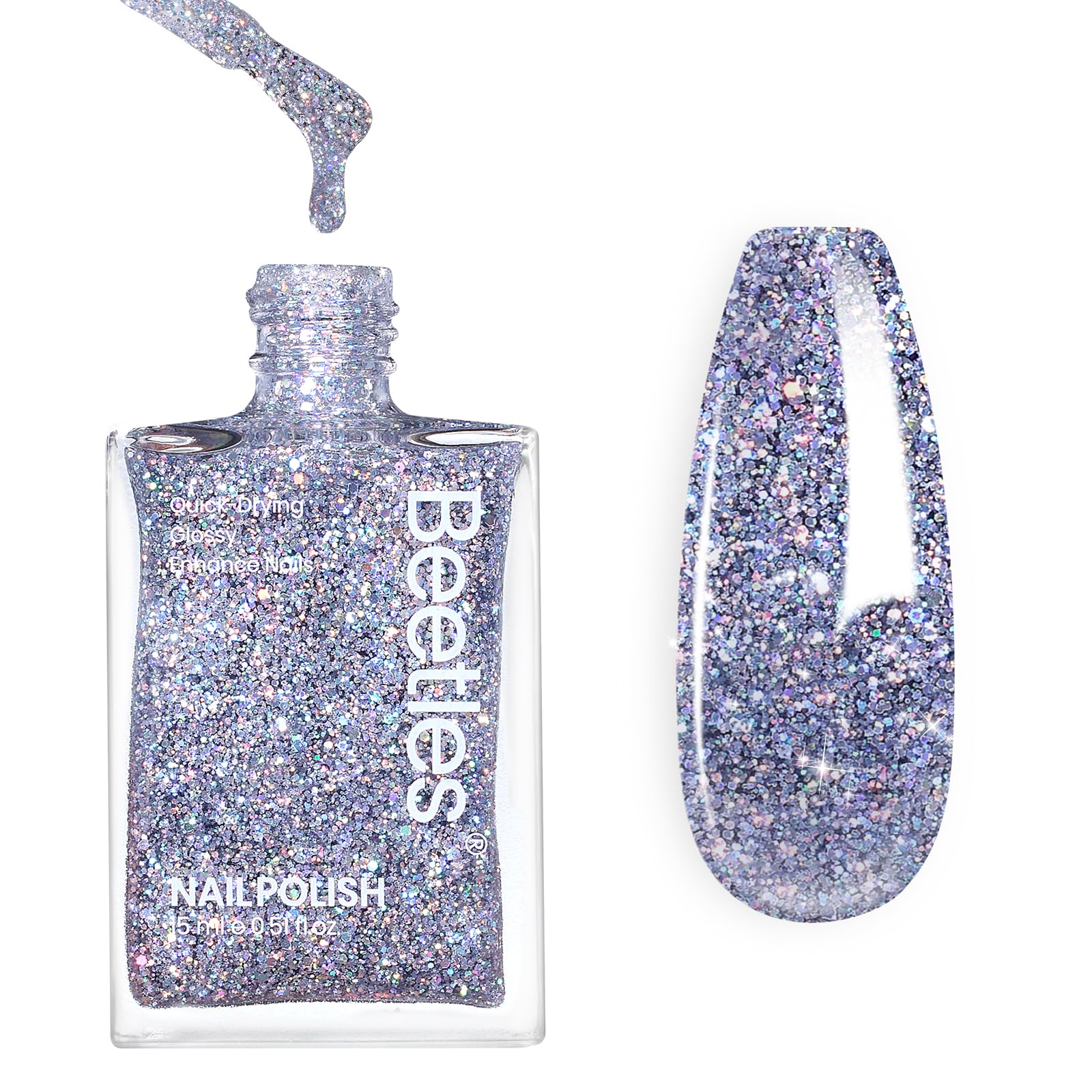 Beetles Gel Polish en botella con purpurina plata, brillo duradero para uñas.