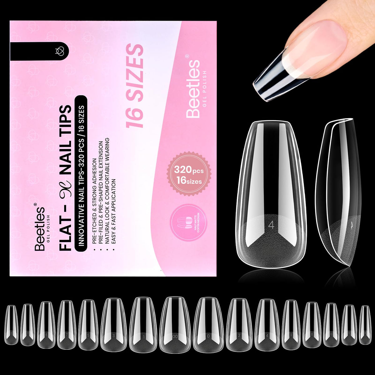 Beetles Flat-X Coffin Medium, punta de gel para uñas con ajuste cómodo y duradero.