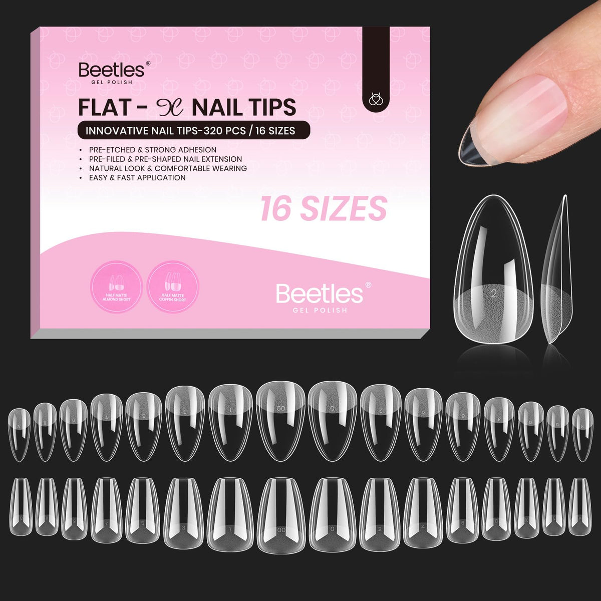 Beetles Flat-X: tips forma almendra-ataúd corto para ajuste cómodo y duradero
