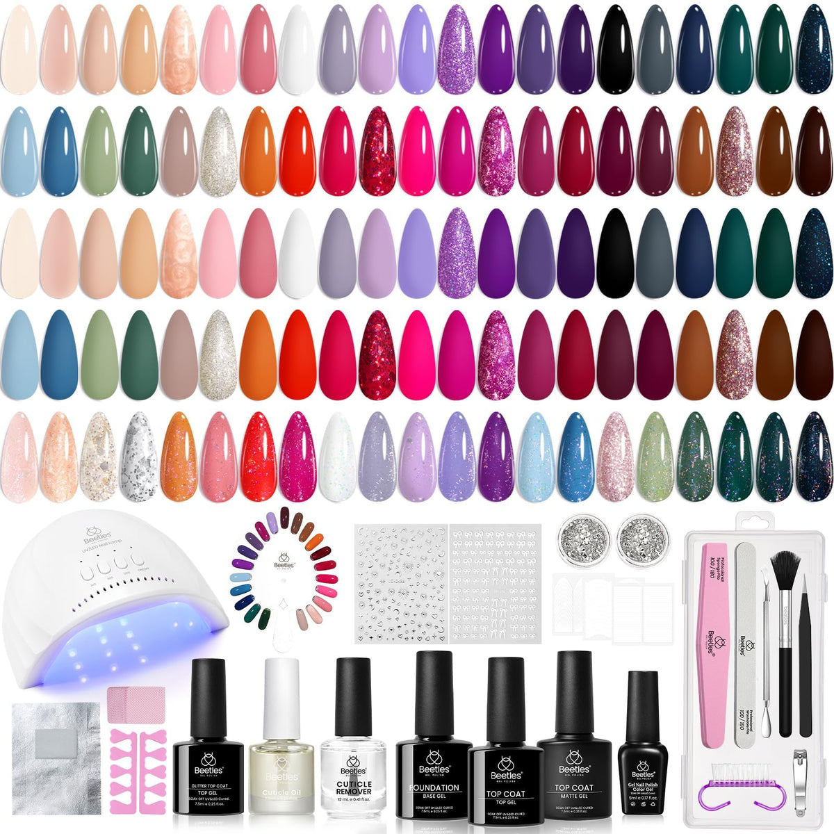 Beetles Gel Polish Kit con lámpara para manicura casera duradera.
