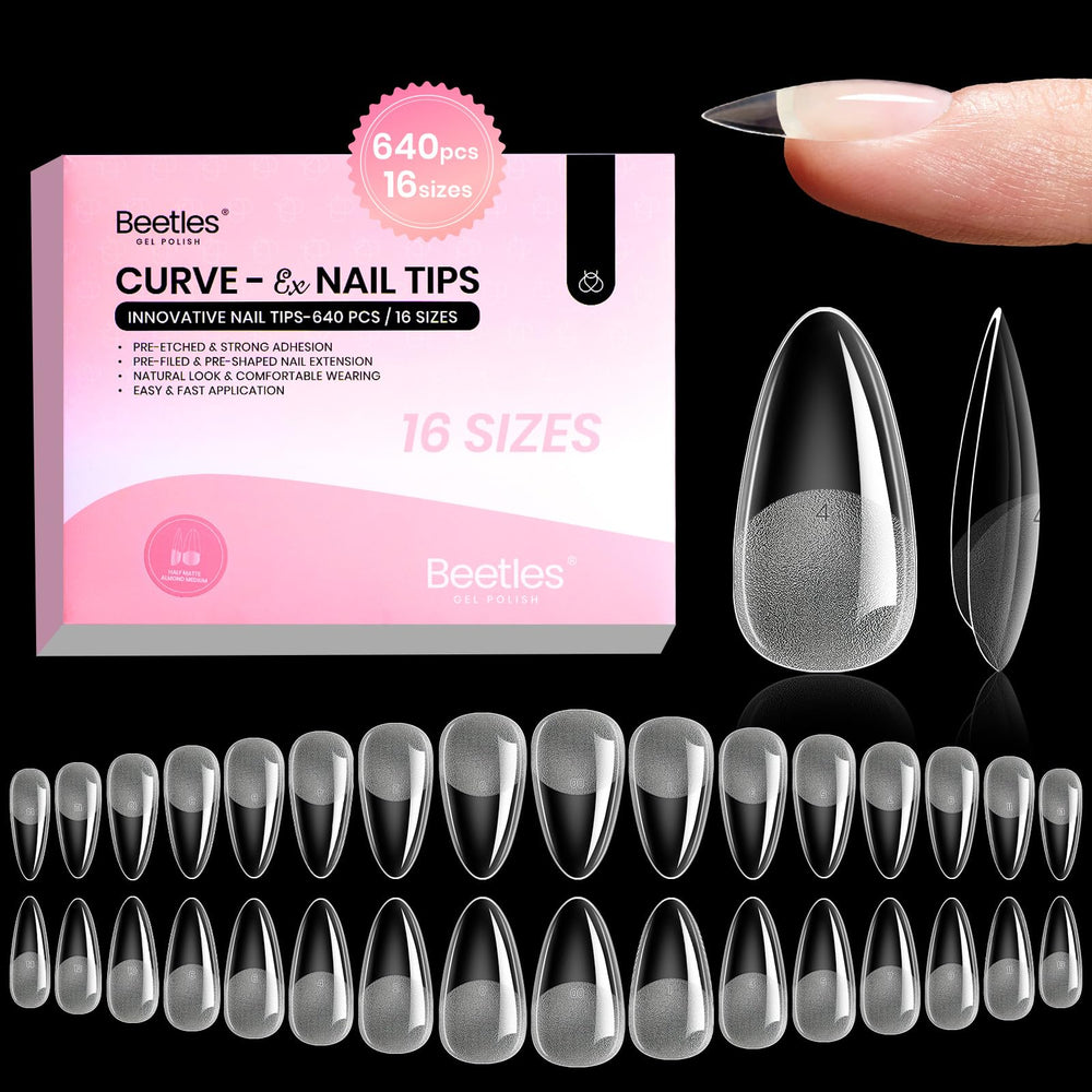Beetles Gel Nail Tips Almond Curve-EX en empaque compacto para ordenar y almacenar fácilmente.