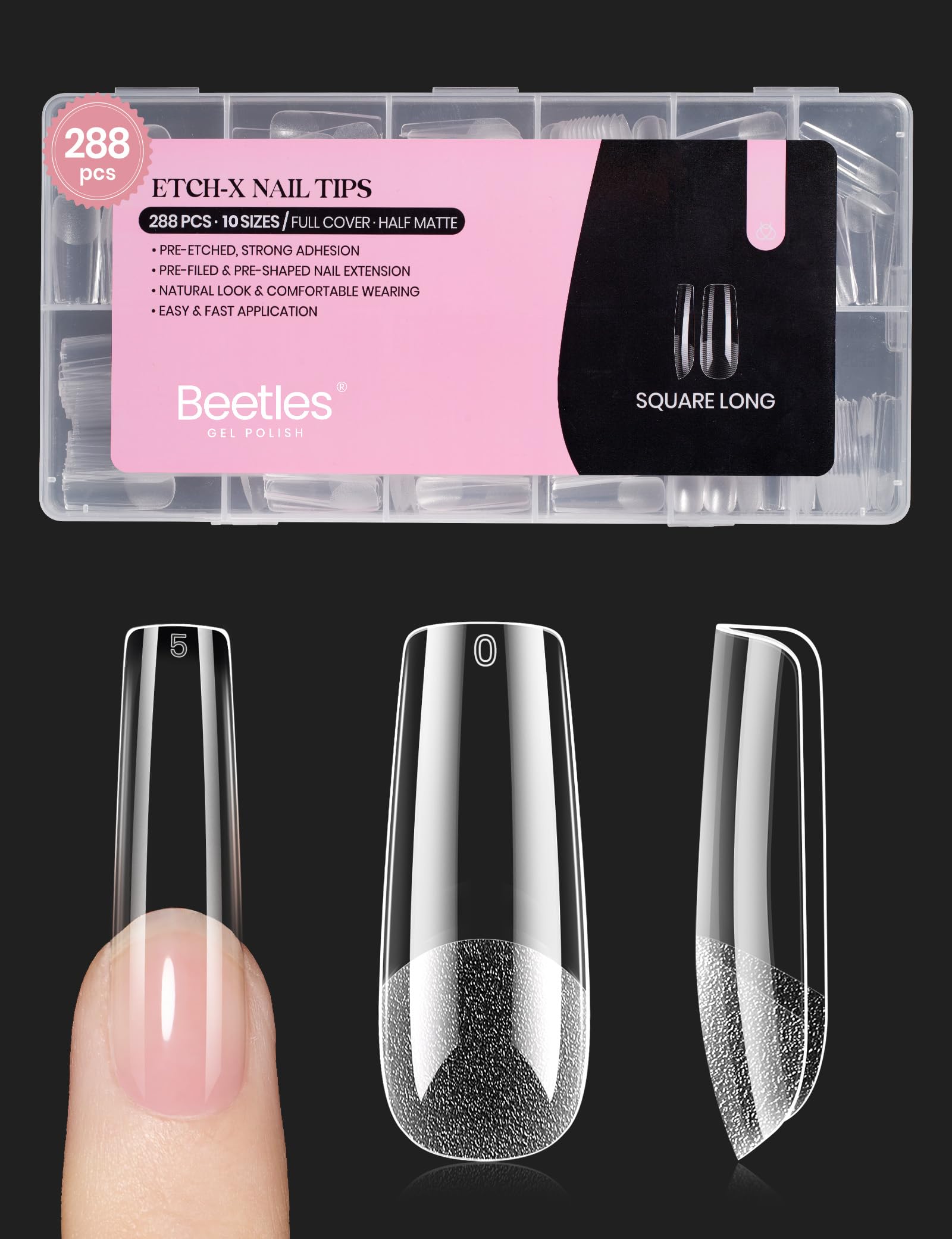 Beetles Gel Nail Tips forma cuadrada larga para extensiones duraderas.