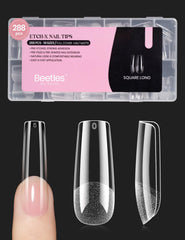 Beetles Gel Nail Tips forma cuadrada larga para extensiones duraderas.