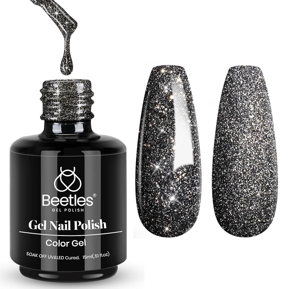 Beetles Gel Negro con brillo reflejante, ideal para uñas deslumbrantes.