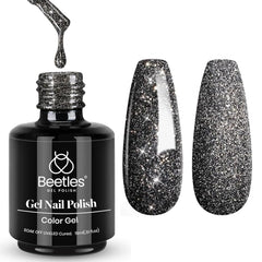 Beetles Gel Negro con brillo reflejante, ideal para uñas deslumbrantes.