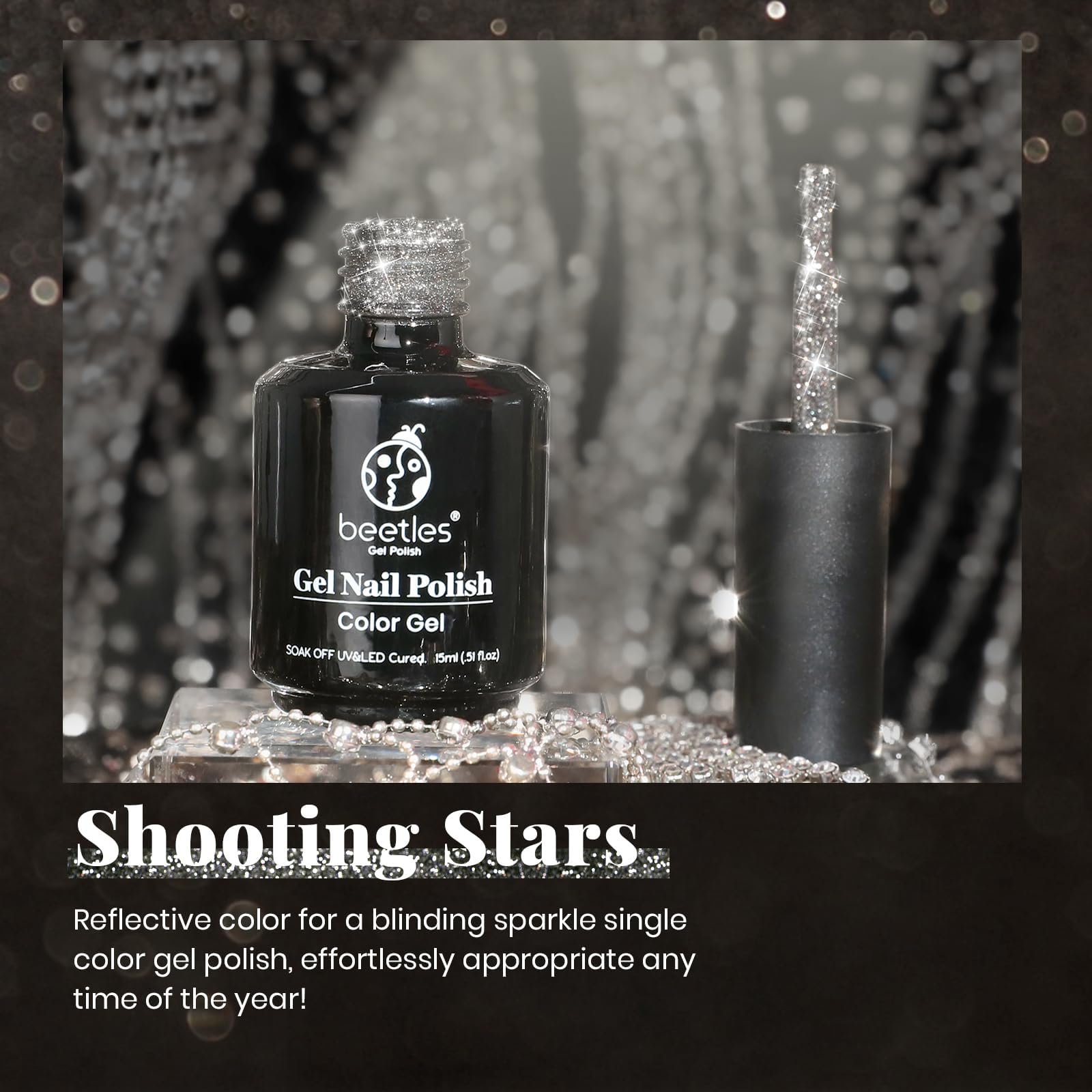 Beetles Gel Negro de 15 ml, etiqueta visible para uso práctico.