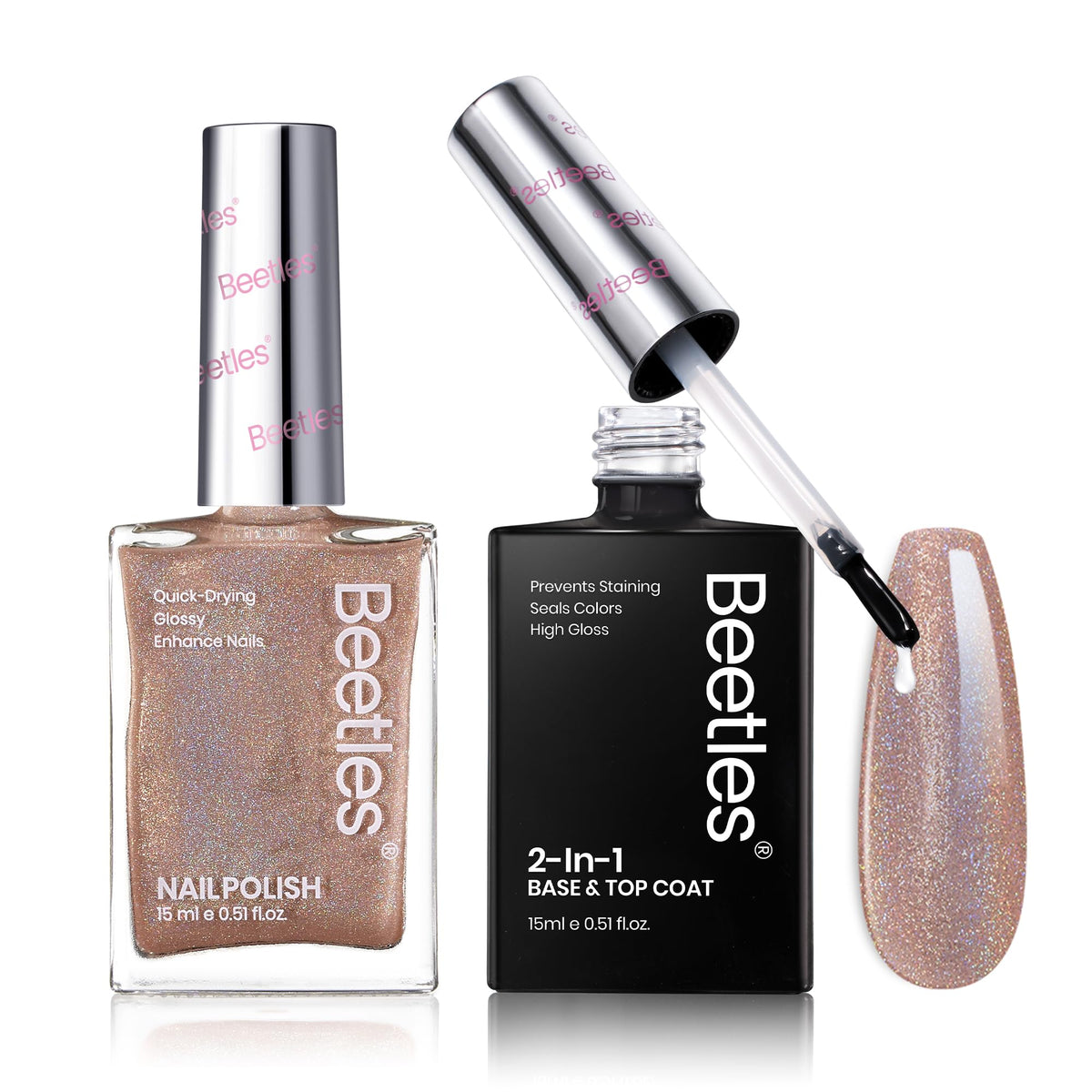 Beetles Gel Polish marrón glitter en botella con brillo y cobertura duradera.