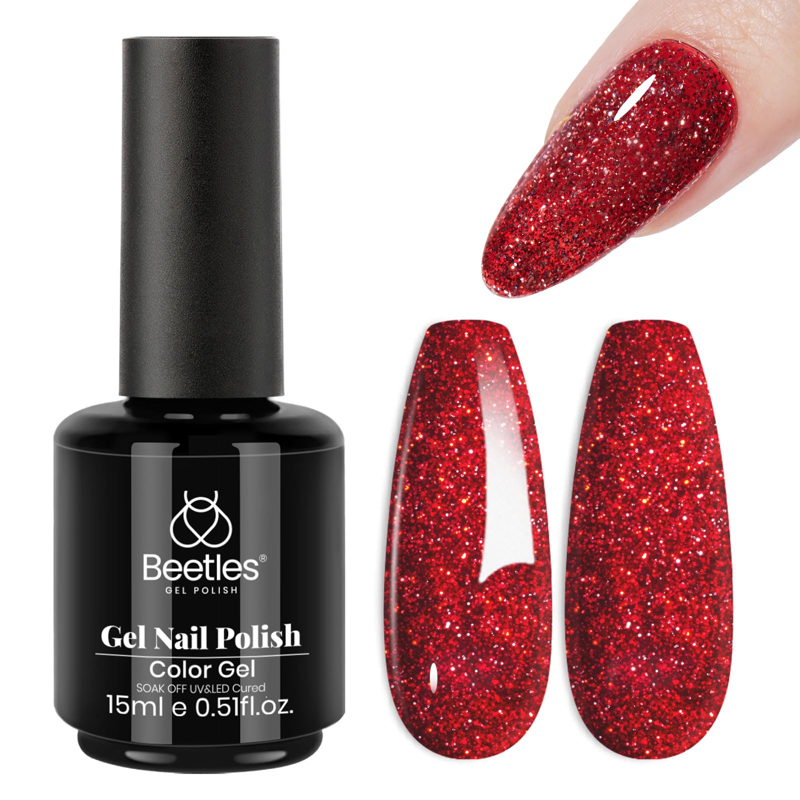 Beetles Gel Polish rojo glitter, botella brilla con color intenso para uñas deslumbrantes.