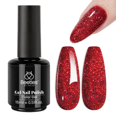 Beetles Gel Polish rojo glitter, botella brilla con color intenso para uñas deslumbrantes.