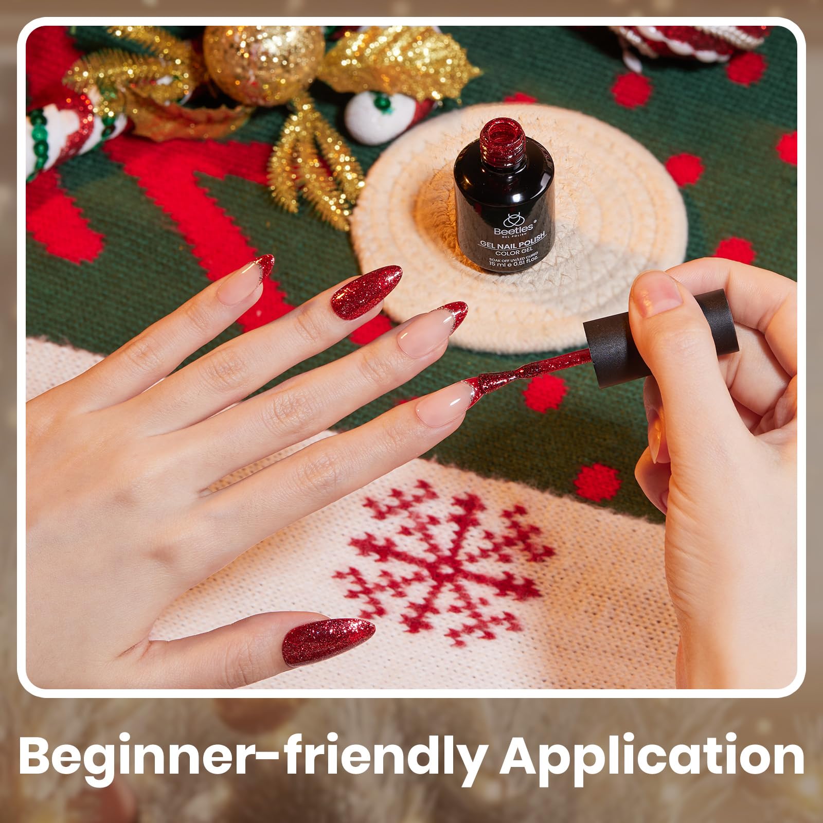 Beetles Gel Polish rojo glitter, perfecto para regalos de temporada y para San Valentín.
