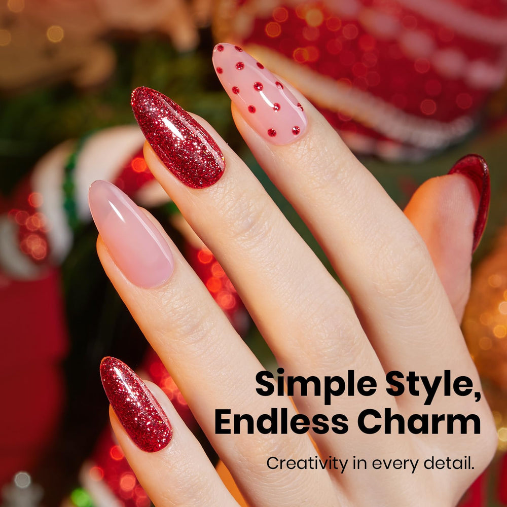 Beetles Gel Polish rojo glitter, textura cremosa para aplicación suave y cobertura uniforme.