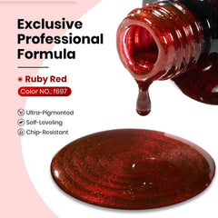 Beetles Ruby Red ofrece brillo intenso para uñas llamativas.