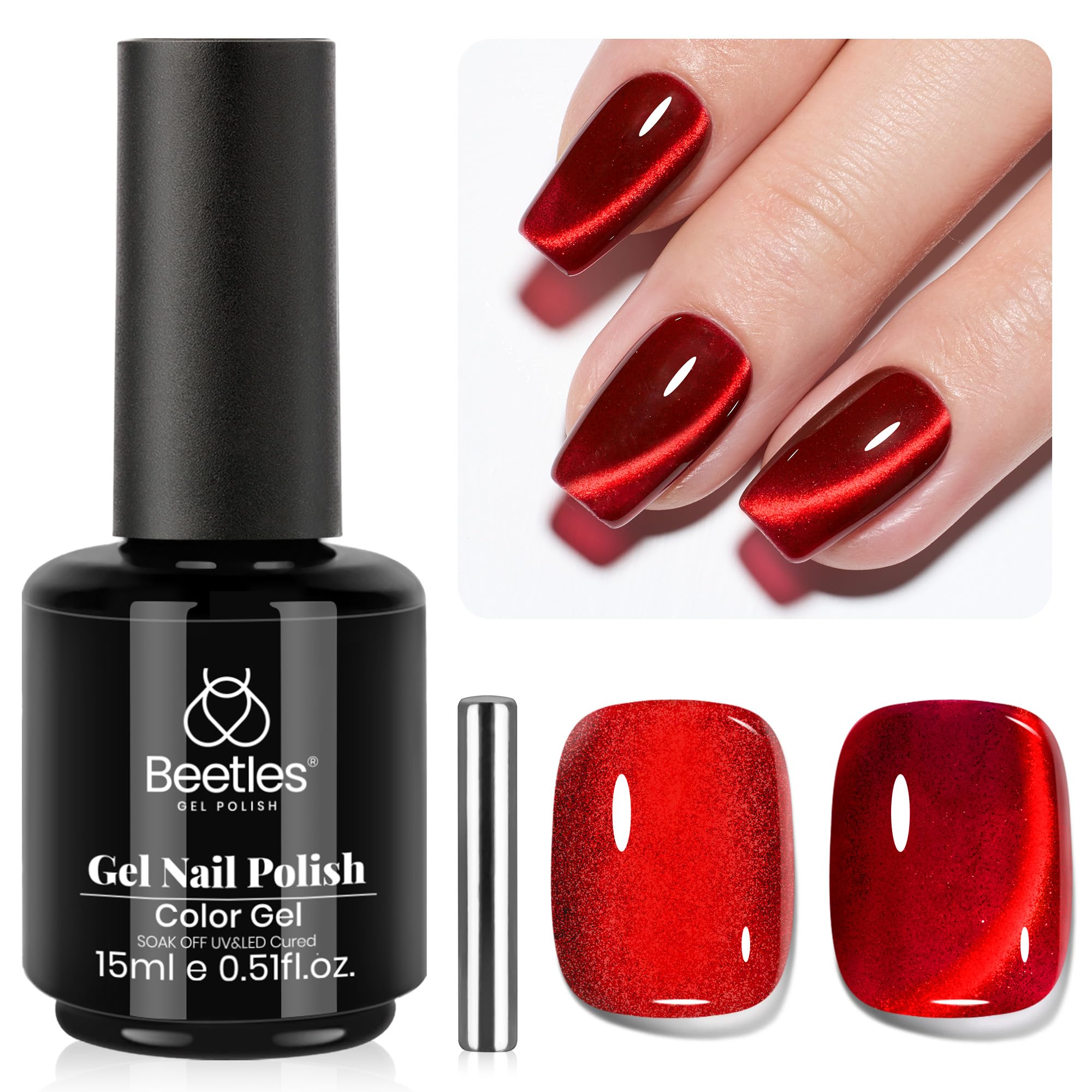 Beetles Ruby Red con efecto ojo gato en botella, acabado intenso para uñas elegantes.