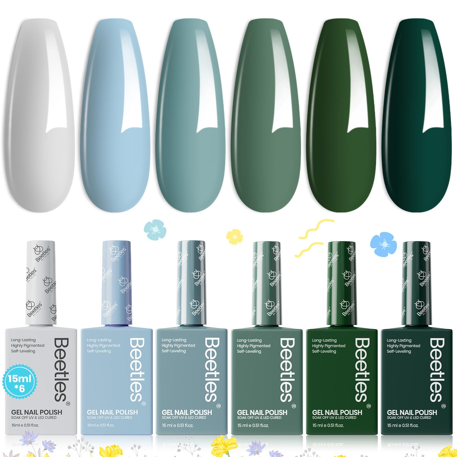 Beetles Gel Polish Set muestra seis tonos para uñas con acabado brillante.