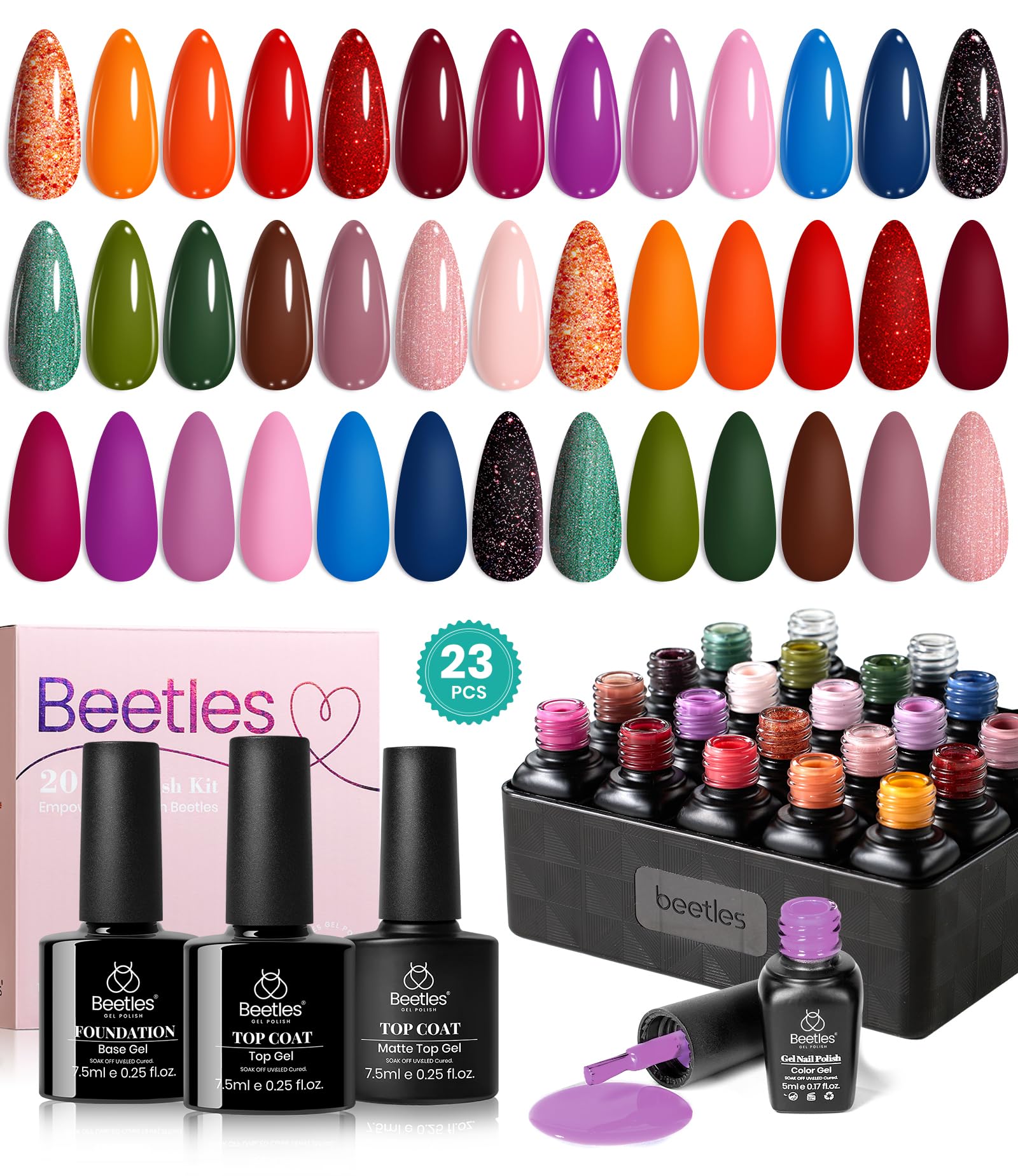 Beetles Gel Polish Set Yard muestra tonos naranja y burdeos para manicura otoñal duradera.