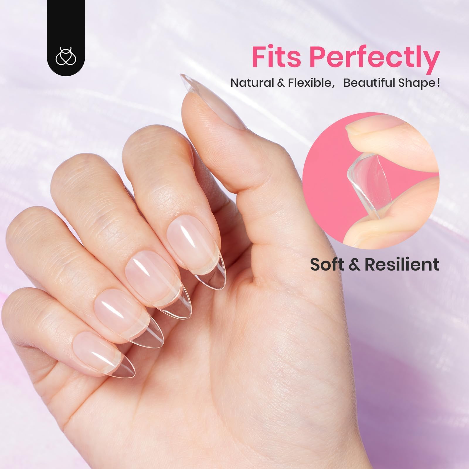 Beetles Gel Short Almond Nail Tips: detalle de la forma almendra corta para duración.