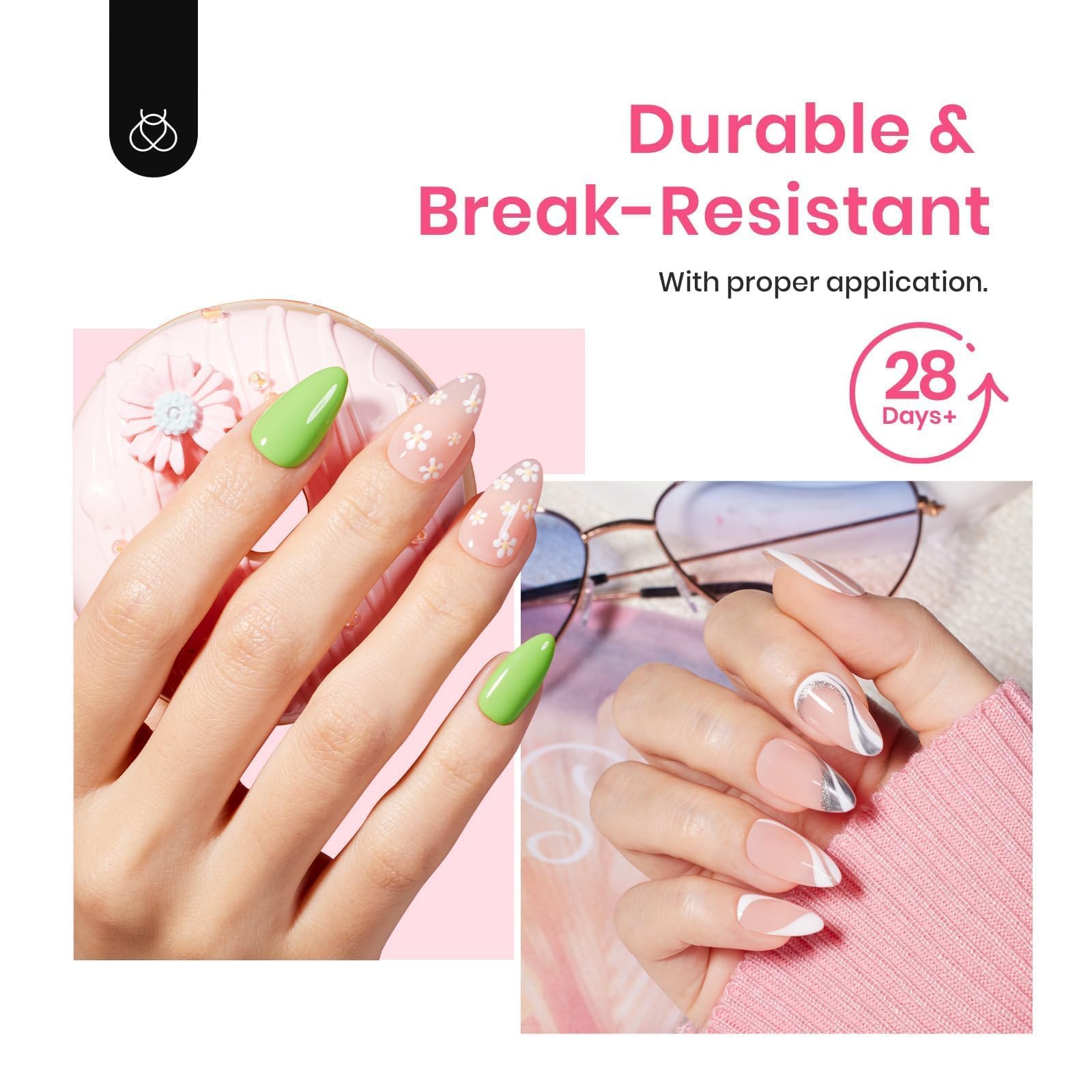 Beetles Gel Short Almond Nail Tips: mano mostrando uñas extendidas listas para decorar.