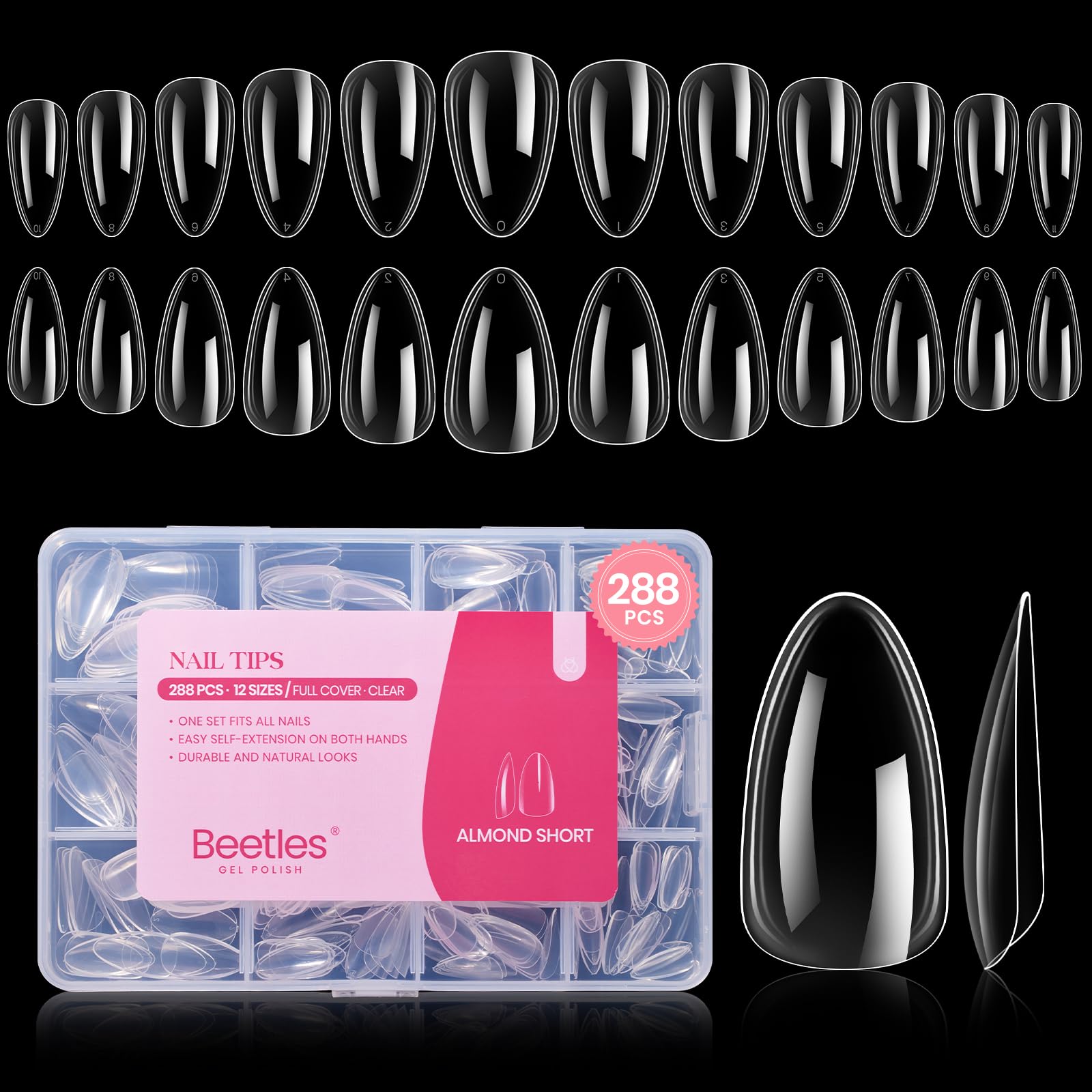 Beetles Gel Short Almond Nail Tips pack: 288 uñas listas para aplicar en casa.