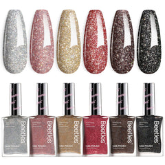 Beetles Glitter Nail Polish Set swatch wheel showing six shimmering colors for quick at-home glam