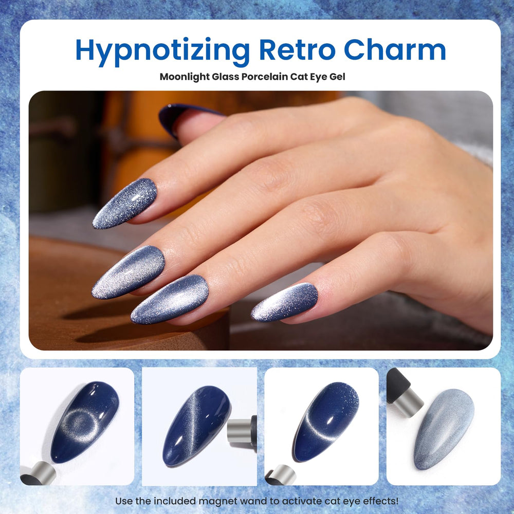 Magnet wand activates cat-eye effect for custom Nail art with Beetles.