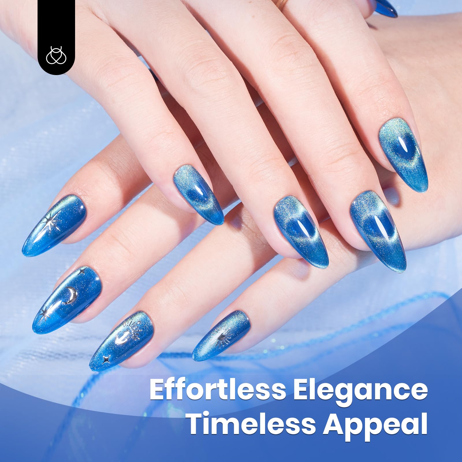 Beetles esmalte en gel azul ojo de gato aplicado en uñas para acabado duradero.
