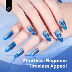 Beetles esmalte en gel azul ojo de gato aplicado en uñas para acabado duradero.