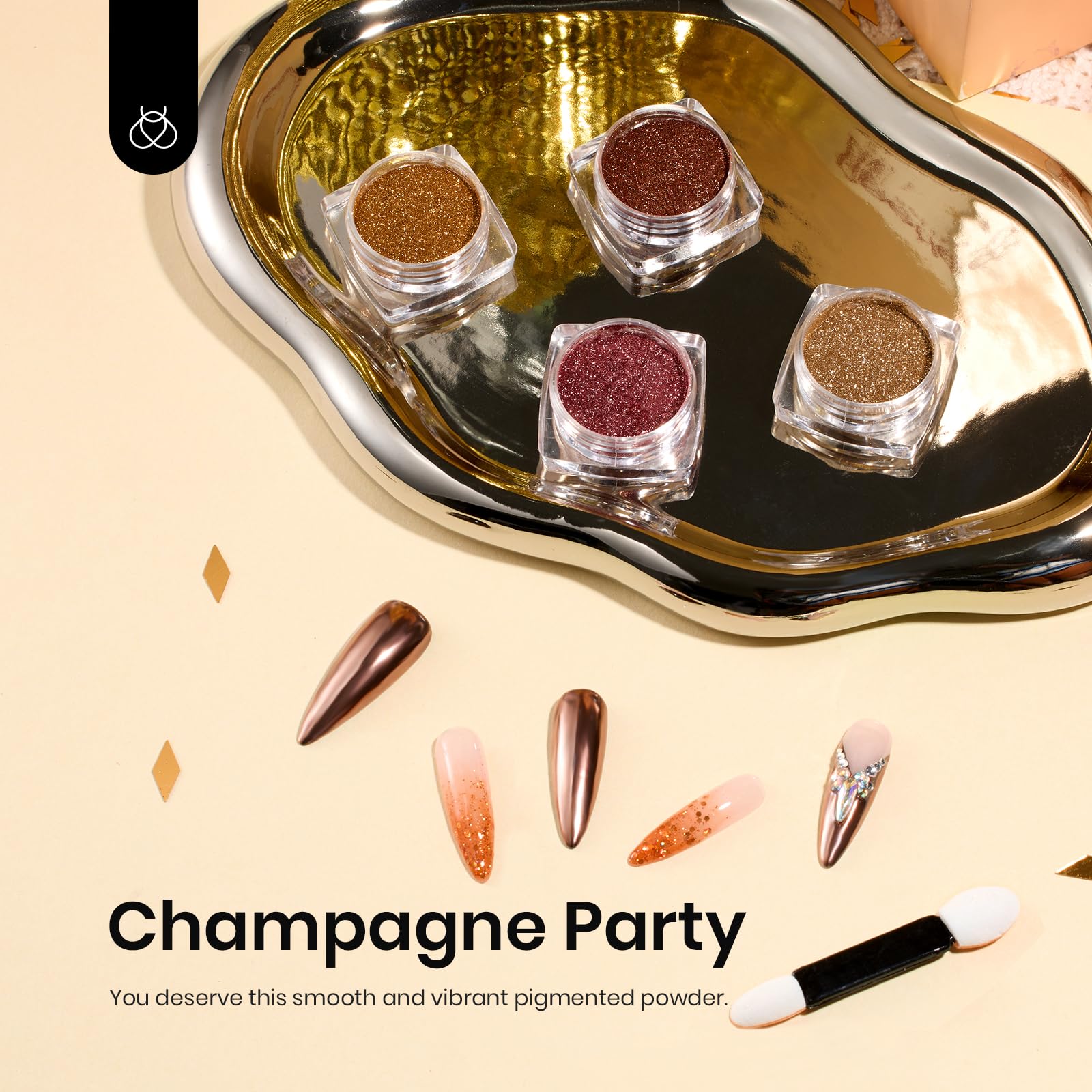 Beetles metallic chrome powder in rose gold for shimmering nail color.