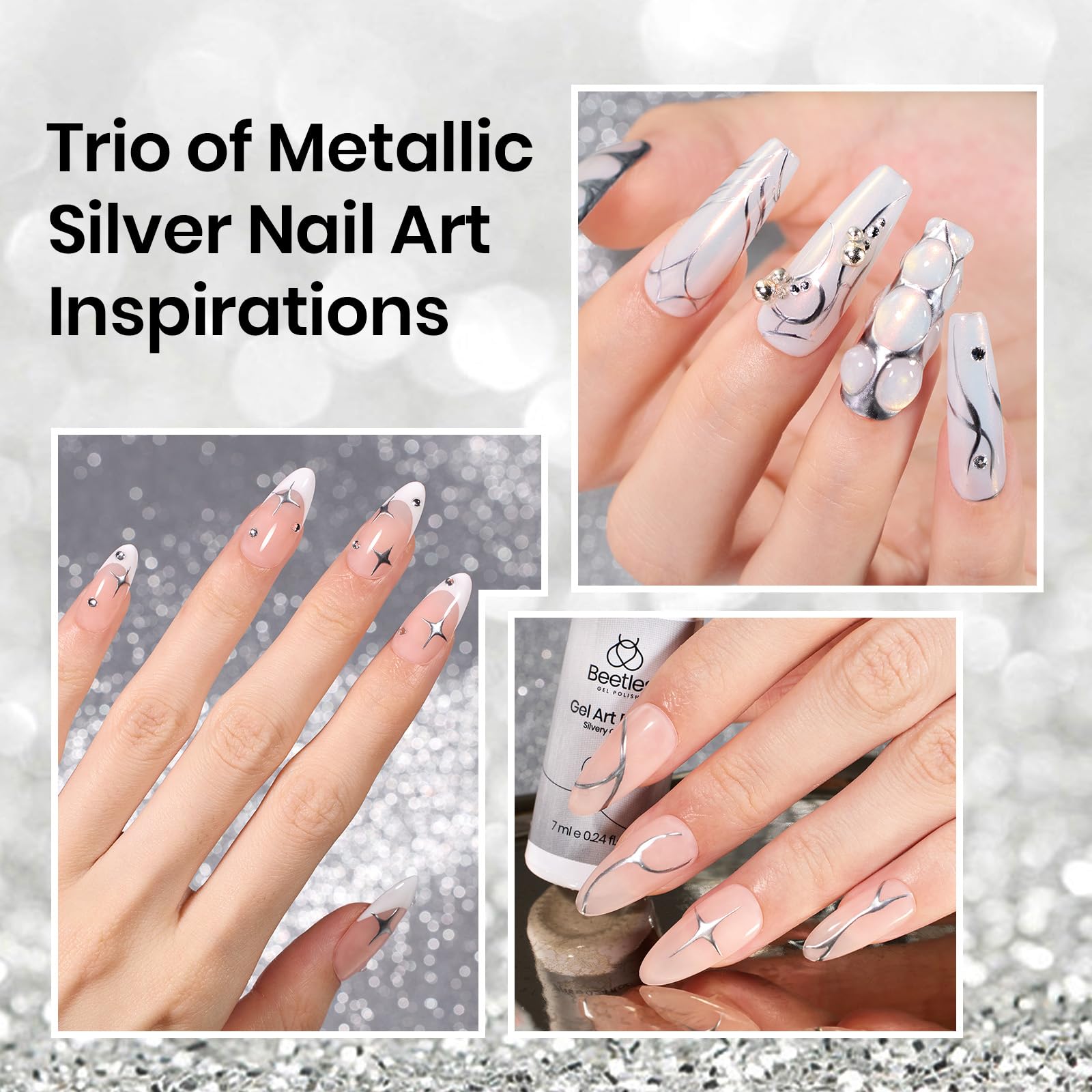Beetles Metallic Silver Liner Gel French tip application detail