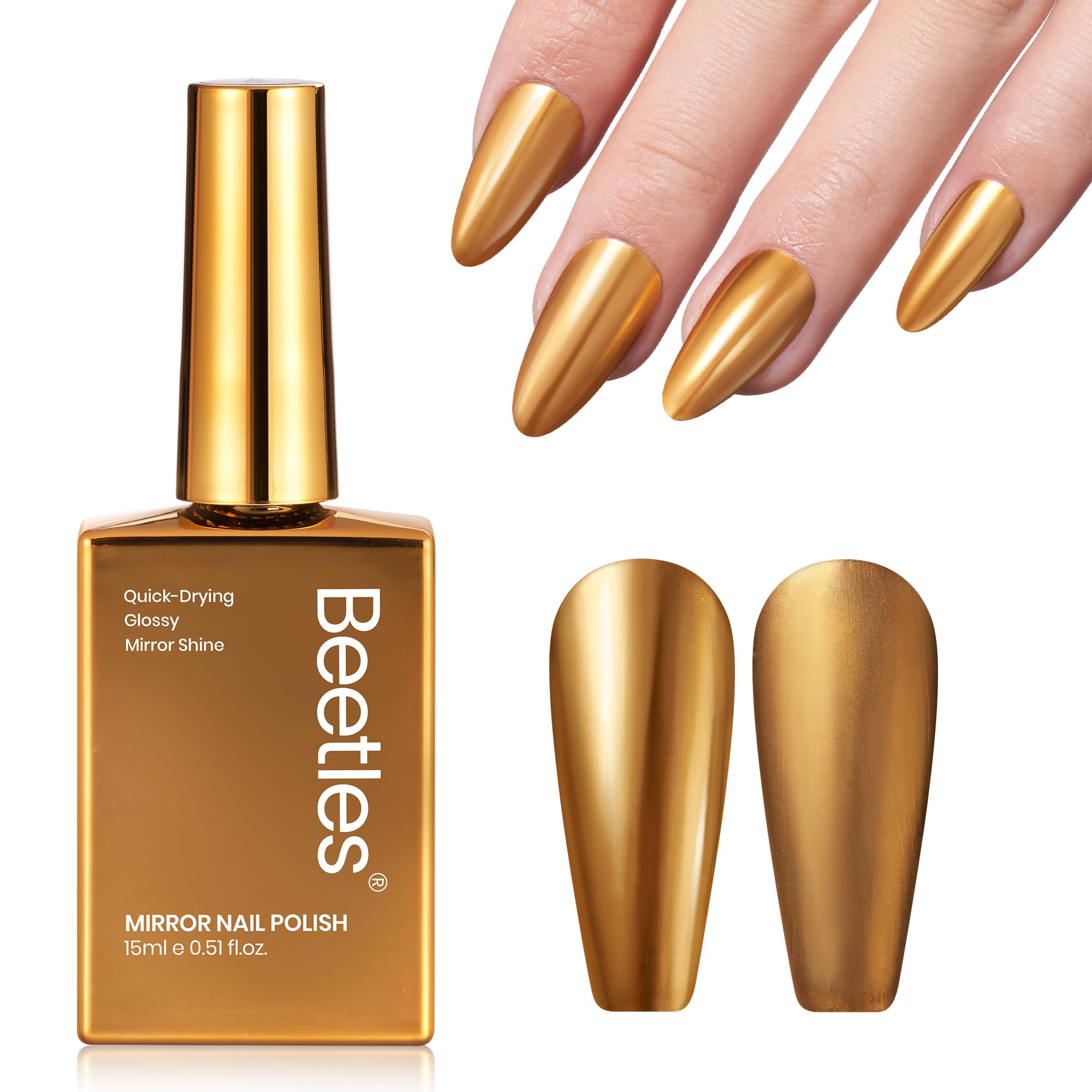 Beetles Mirror Gold, acabado espejo brillante para uñas glamorosas en eventos.