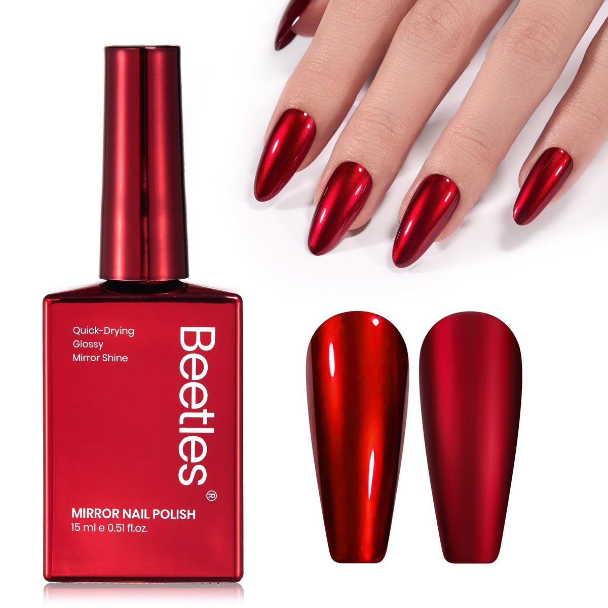 Beetles Red Chrome Nail Polish bottle close-up showing a vibrant cherry mirror finish.