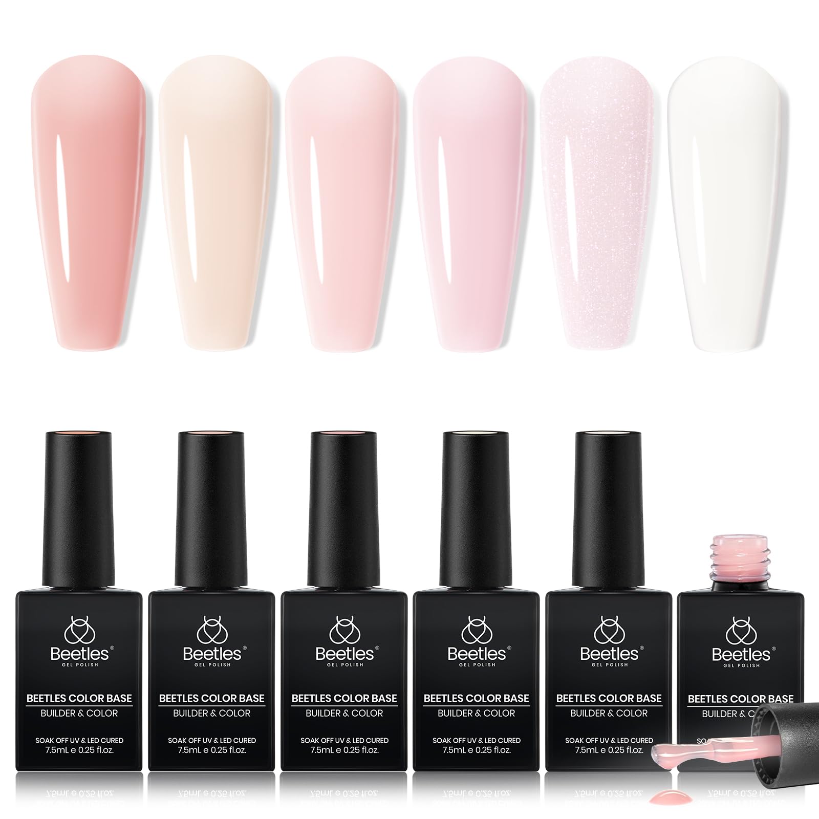 Beetles Rubber Base Builder Gel, bote blanco nude con glitter para uñas duraderas