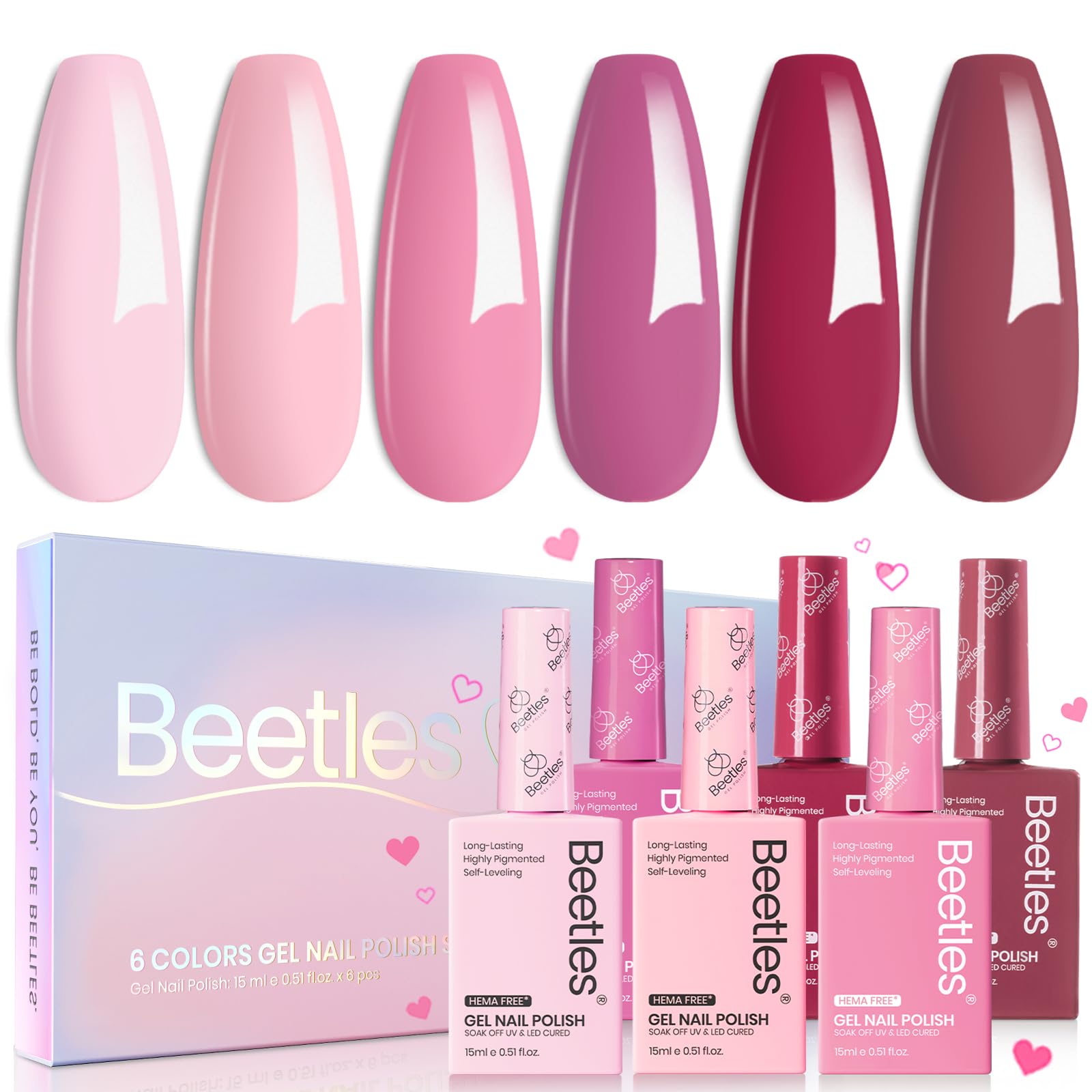 Beetles gel polish de San Valentín, set de 6 colores para un look romántico.