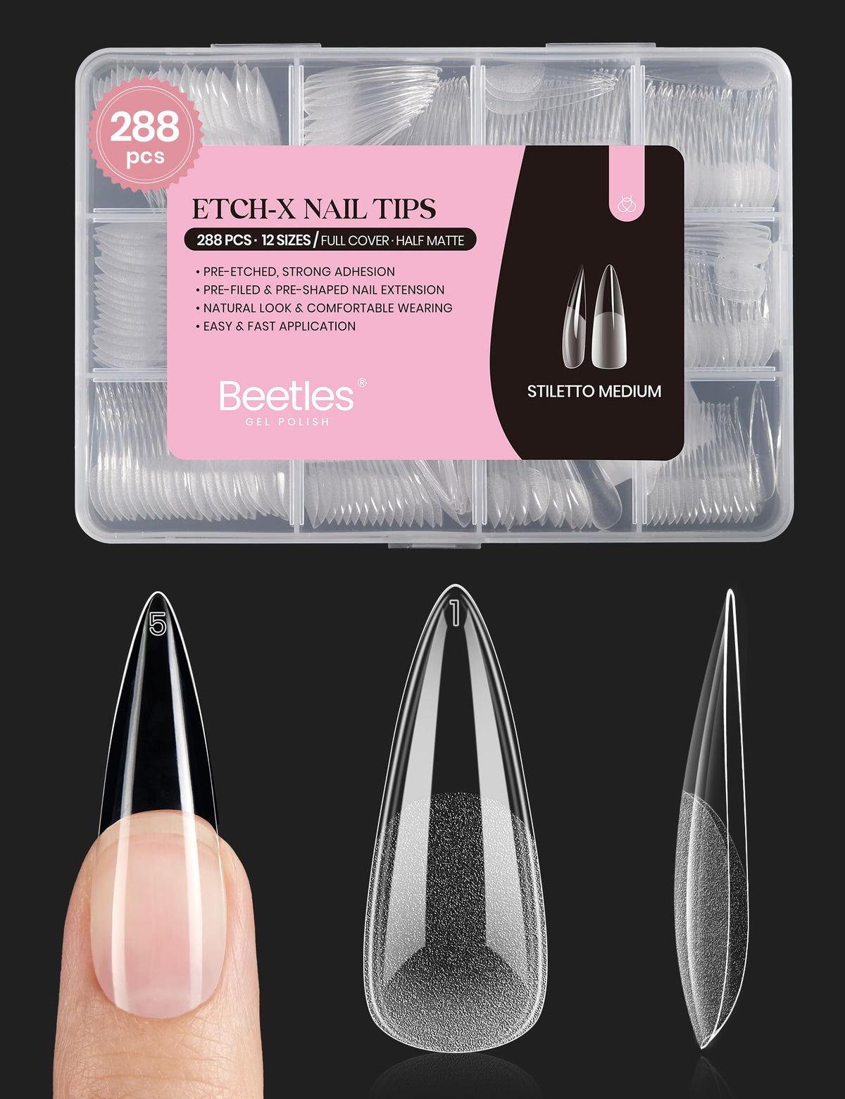 Beetles Gel Nail Tips Etch-X, punta stiletto medio, aplicación precisa.