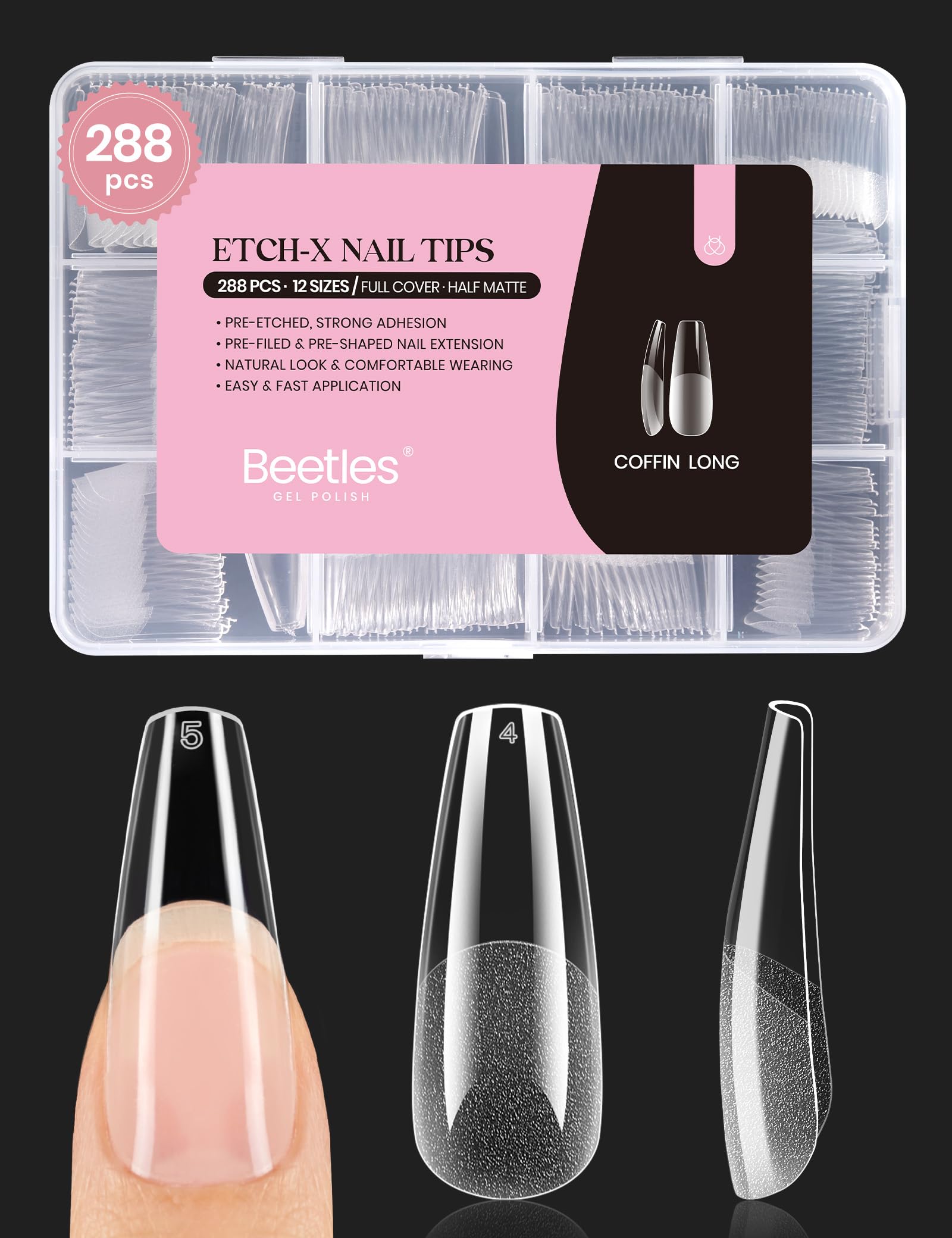 Beetles tips uñas coffin largo pre-etch: aplicación rápida y agarre mejor para extensiones temporales.