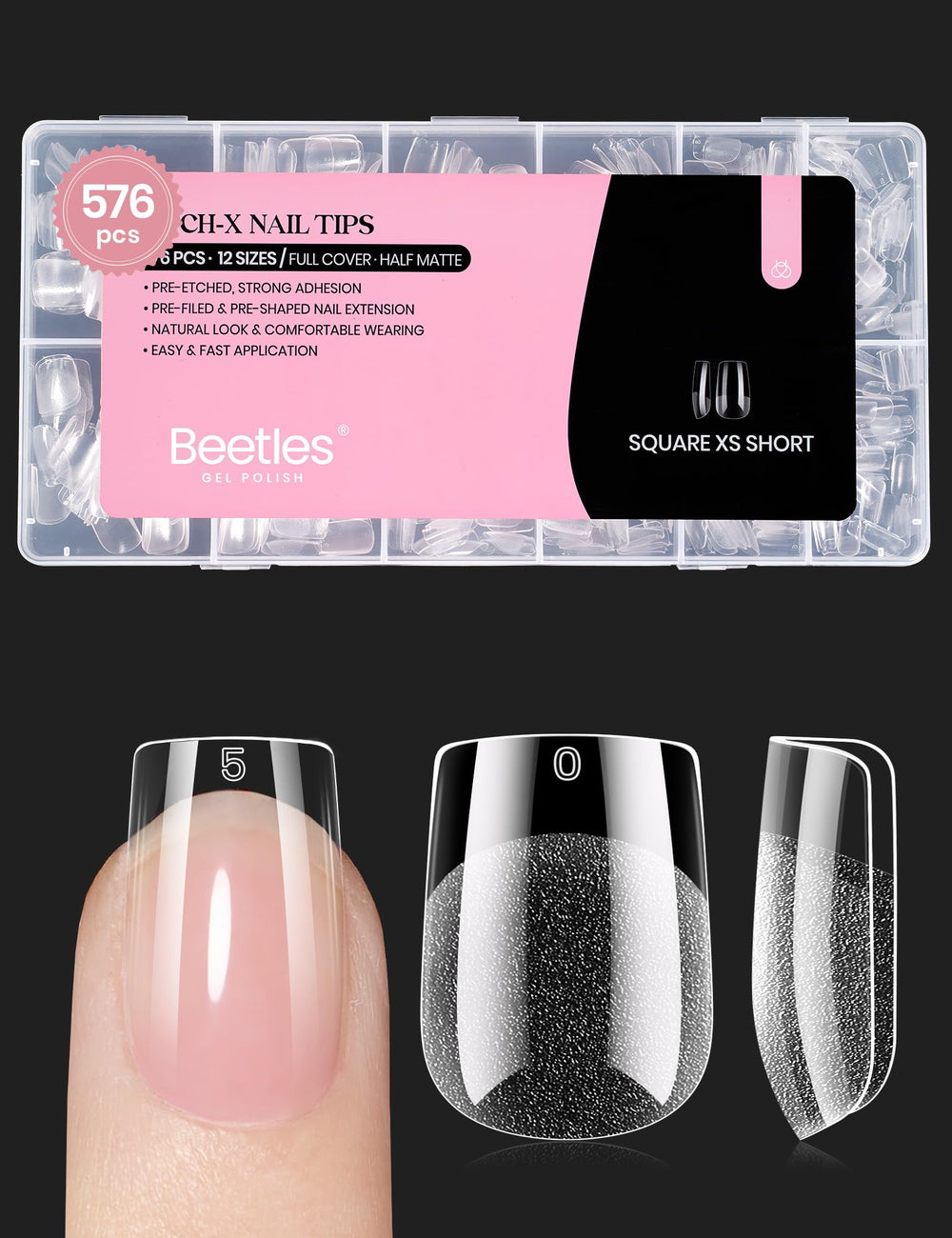 Beetles tips uñas cortas cuadradas: empaque visible para compra rápida y fácil aplicación