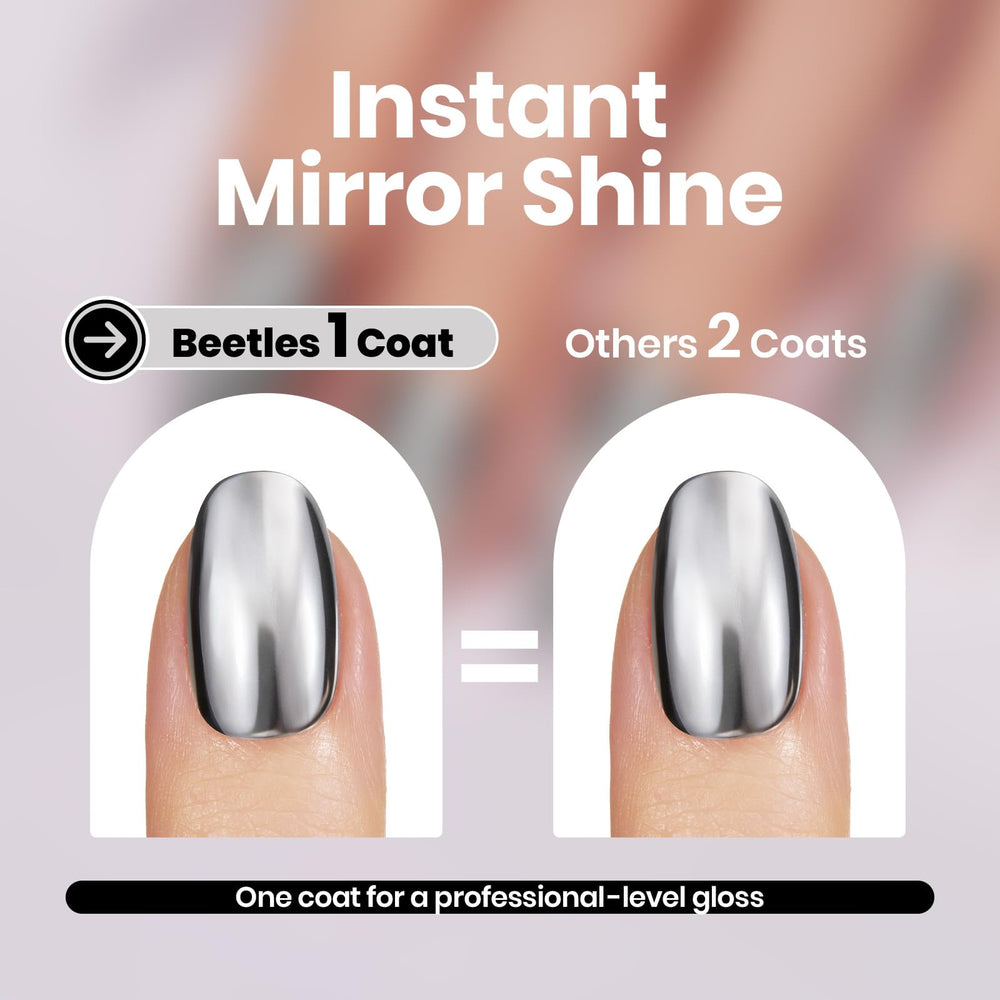 Beetles uñas con acabado espejo plata para looks llamativos y duraderos.