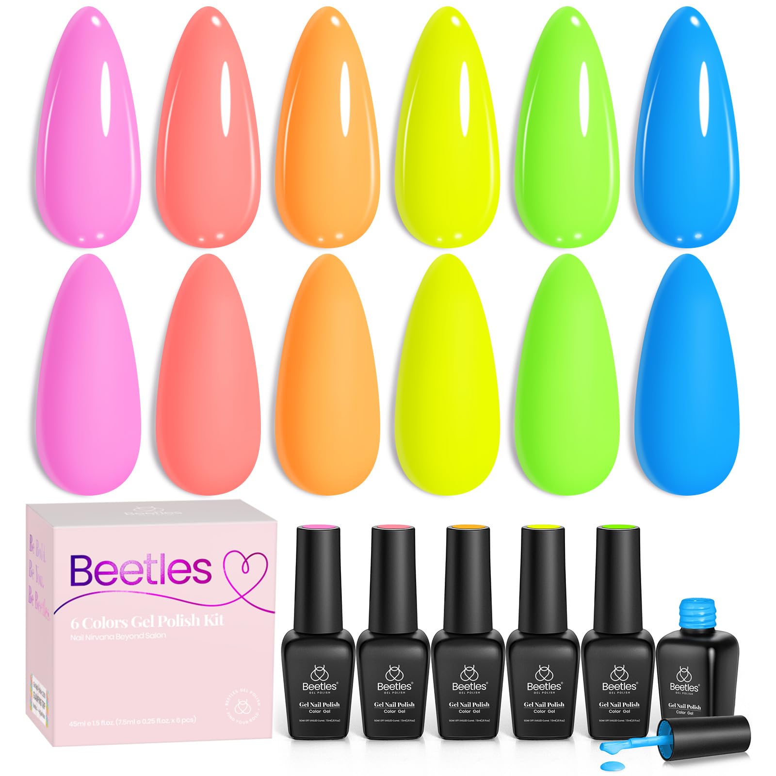 Beetles Valentines gel nail set neon colores, ideal para un look vibrante y duradero.