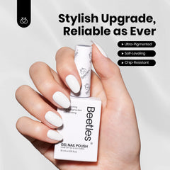 Beetles vernis gel blanc: exemple sur ongle fini pour un look net.