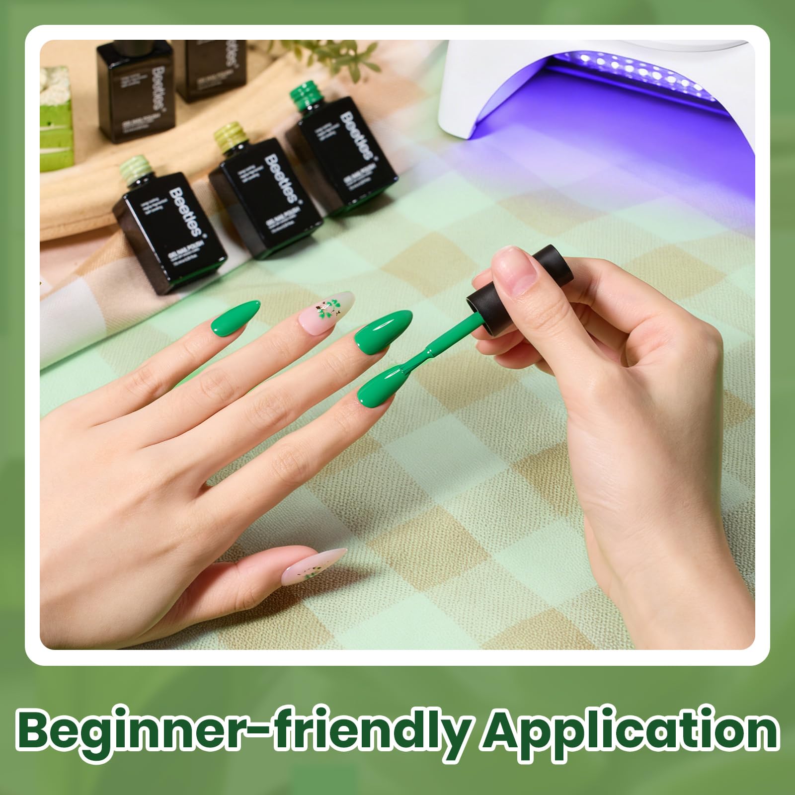 Beetles vernis gel vert usage quotidien pour photos et fêtes.