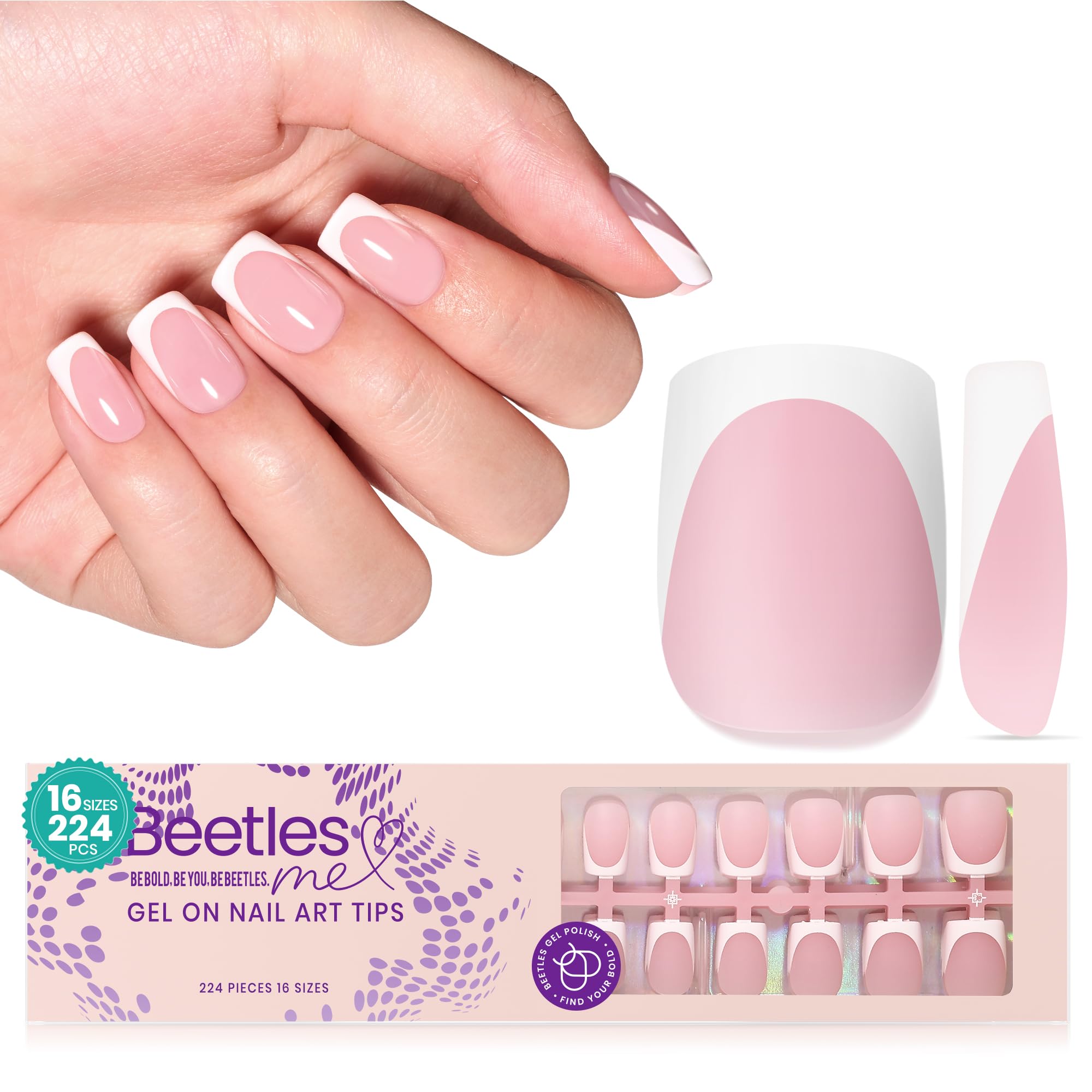 Beetles X Press Plus Uñas Frances Camellia Pink Short Squoval para manicura rápida y elegante.